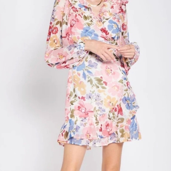 En Saison Constancia Floral Print Ruffle Wrap Mini Dress Long Sleeves Size S - Picture 3 of 10